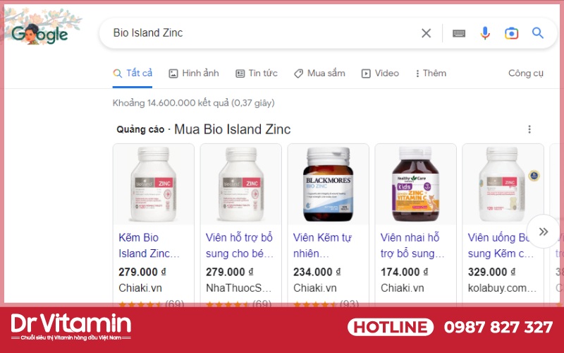 Viên uống Bio Island Zinc có tới 16 triệu kết quả tìm kiếm trên nền tảng Google